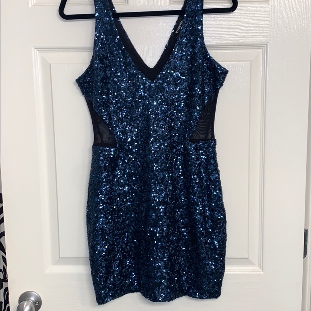 Bebe Blue Sequin Mini Dress with Mesh Cutouts